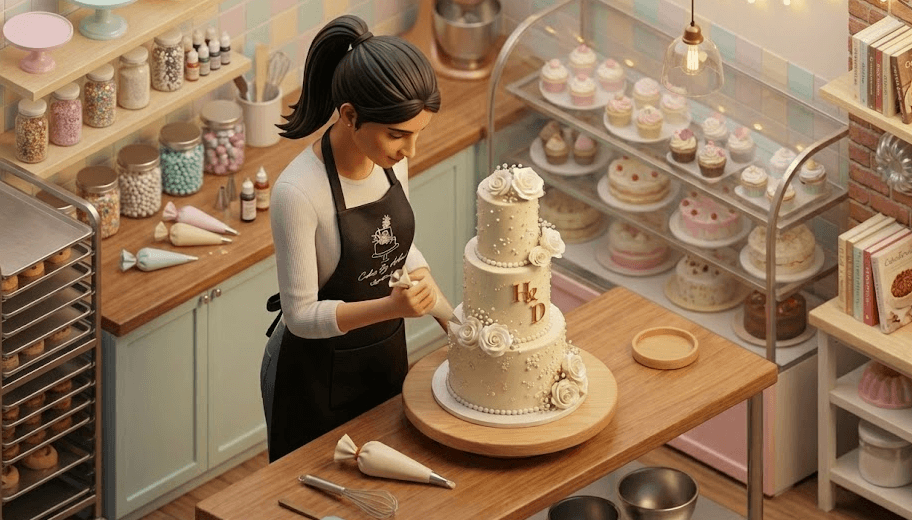 Illustration of Ashni decorating a multi-tier eggless wedding cake in her Woodbridge, NJ bakery, surrounded by other eggless cakes, cupcakes, sprinkles, and baking tools